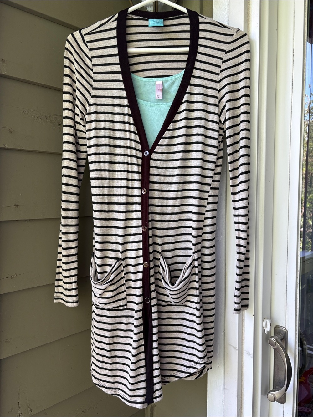 h.i.p Striped black and light gray Long Cardigan with black Trim Sz S +VS cami